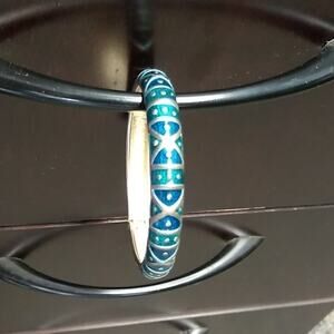 Turquoise & Blue Hinged Metal Bangle Bracelet
